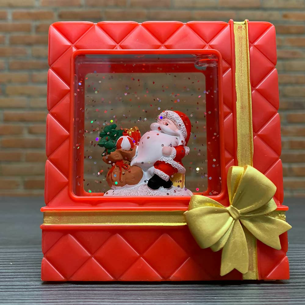 Caja de Regalo Navideña con Figura de Santa Claus y Nieve Brillante