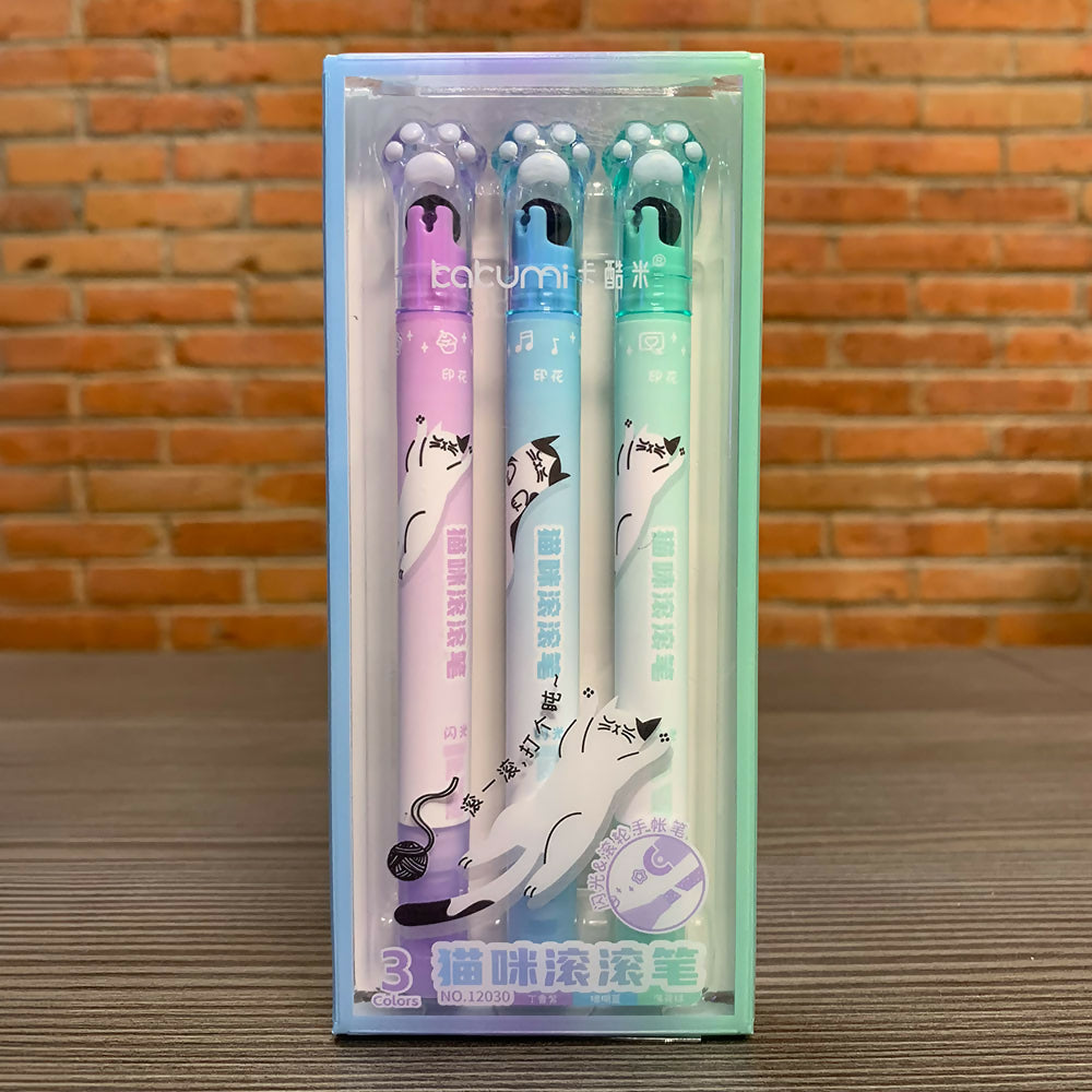 Set de 3 Plumones de Gel con Diseño de Patas de Gato - Colores Pastel